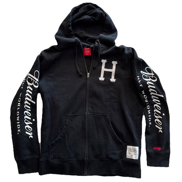 HUF Budweiser Zip Up Hoodie MENS Large Black full zip Embroidered & Printed - Picture 1 of 7